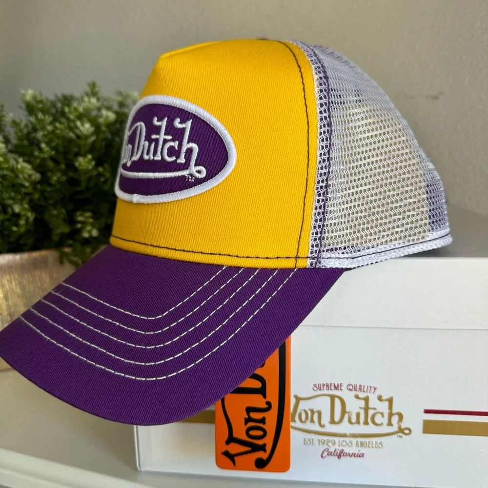 NWT VON DUTCH TWO TONE TRUCKER HAT UNISEX GOLD YELLOW/PURPLE SNAPBACK Y2K‎